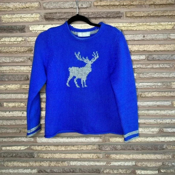 Liz Claiborne Vintage Blue 100% Lambswool Moose Motif Sweater - Picture 10 of 10